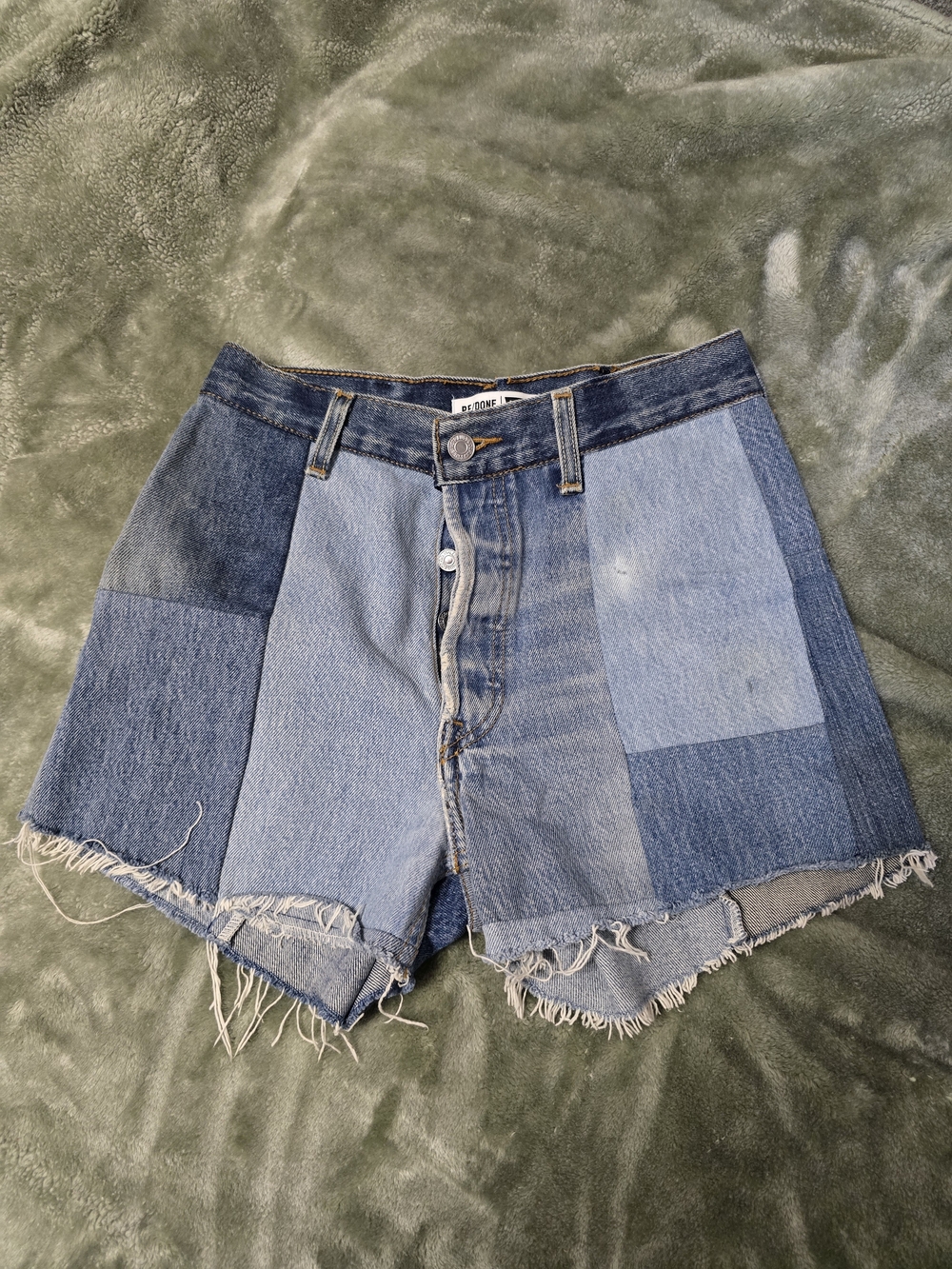 Re/Done Patchwork High-Rise Denim Shorts in Light and Dark Blue